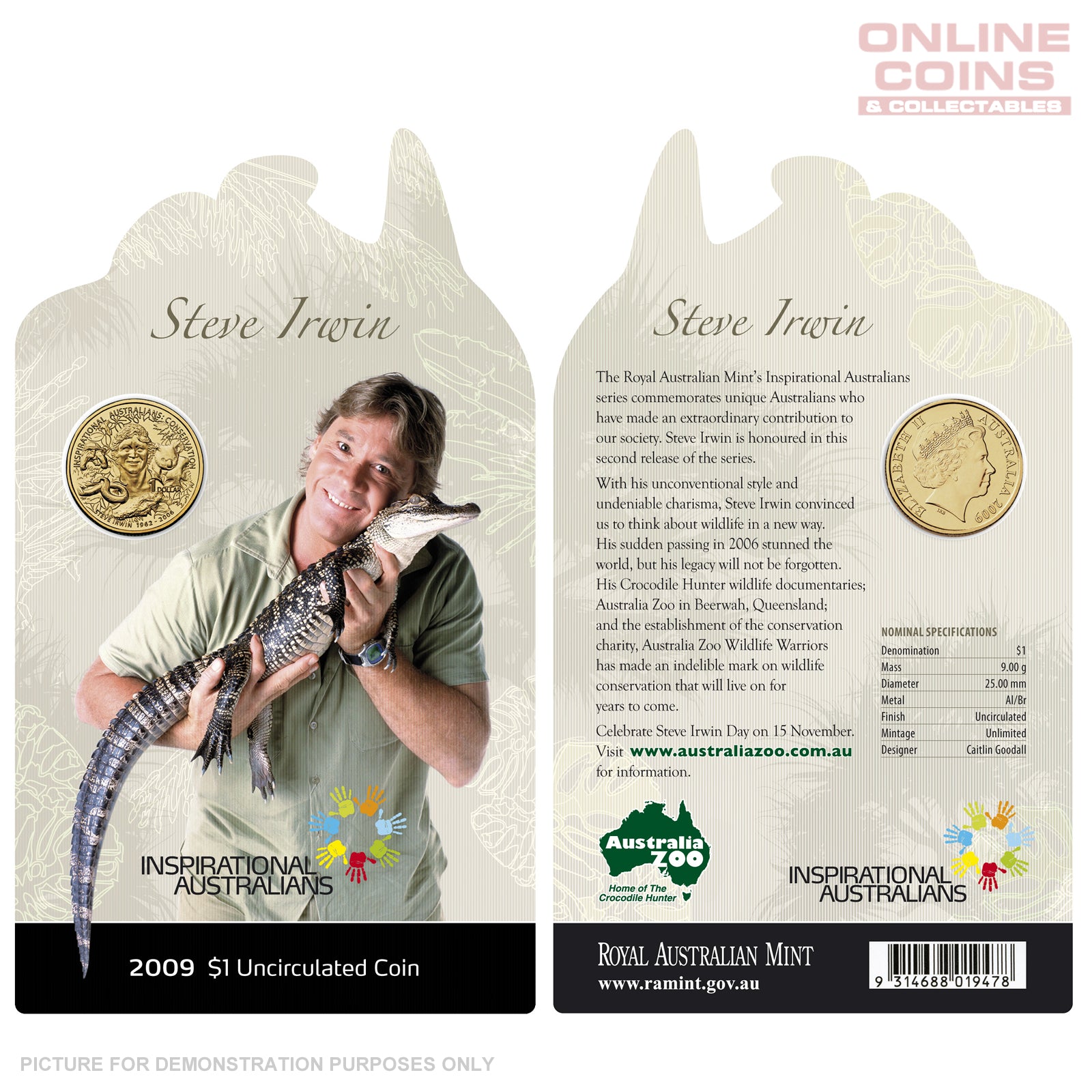 2009 Royal Australian Mint - Inspirational Australians - Steve Irwin - Uncirculated $1 carded coin